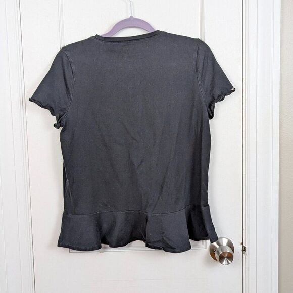 Kate Spade | Black Peplum Cotton T-Shirt with Pearl Studs Size Medium - Picture 2 of 6